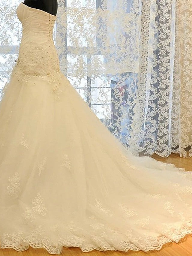 Bmbride Strapless Court Train Mermaid Trumpet Wedding Dress in Lace Organza Stretch Satin Sleeveless Formal