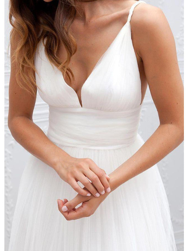 Bmbride Spaghetti Strap A-Line Wedding Dress Plunging Neck Floor Length Taffeta Tulle Chiffon Over Satin