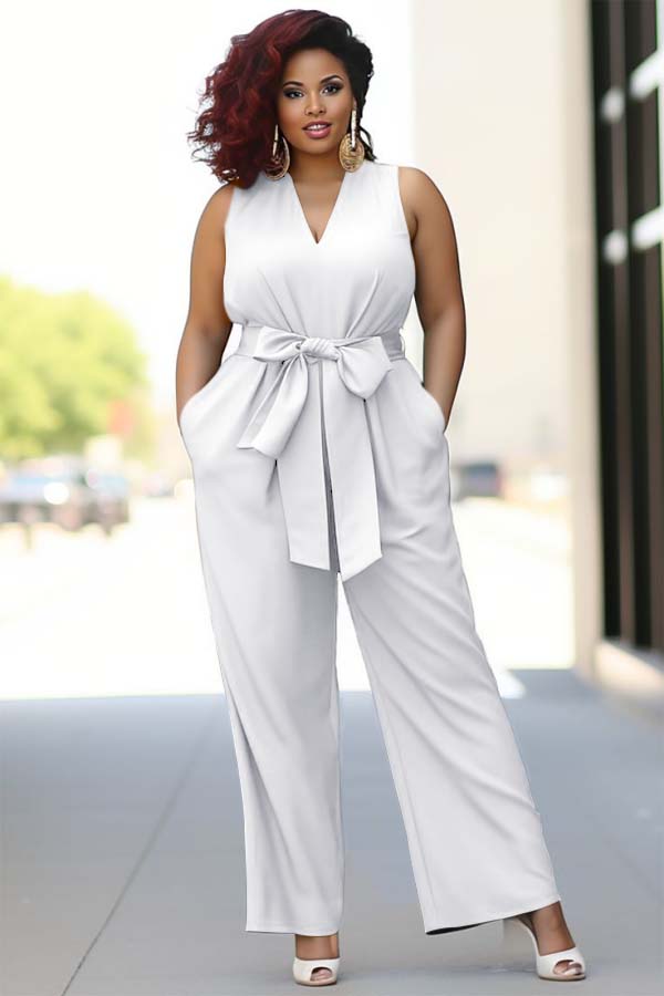 Koscy Pool Blue V-Neck Sleeveless Jump Suit With Bow Belt