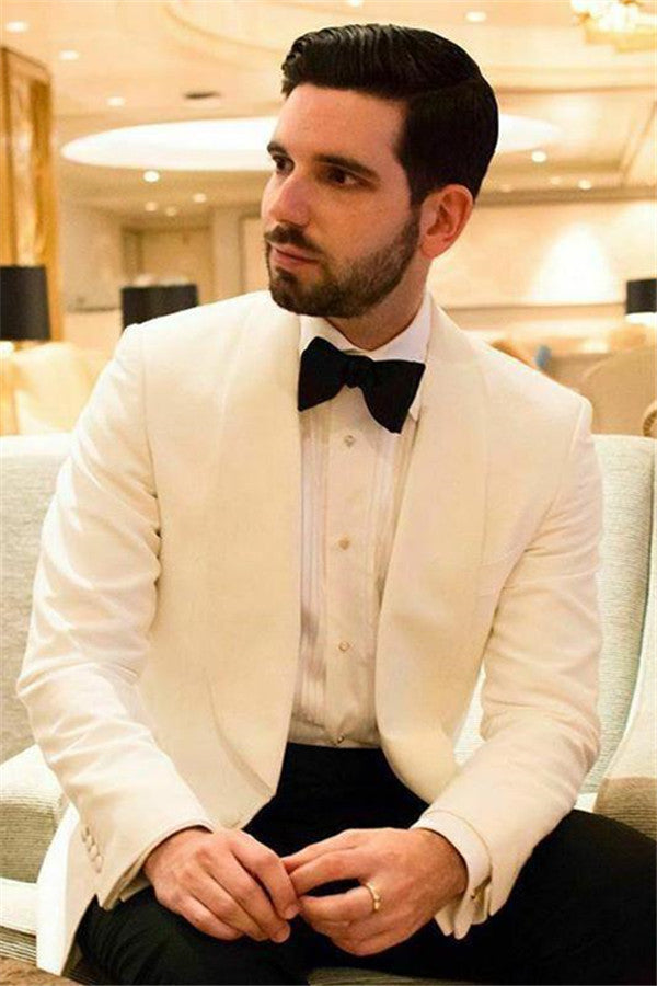 Koscy Chic White Shawl Lapel Men’s Wedding Suit with One Button