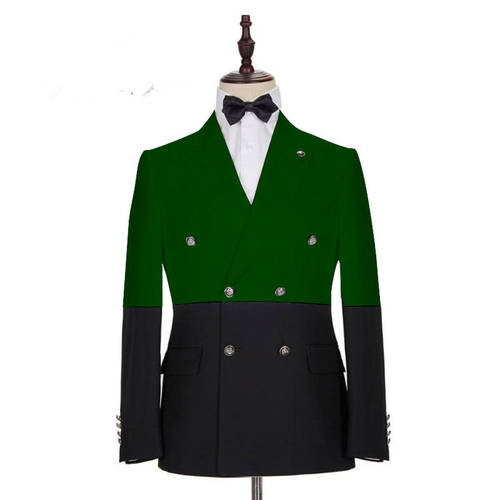 Koscy Shining Dark Green and Black Double-Breasted Prom Tuxedo