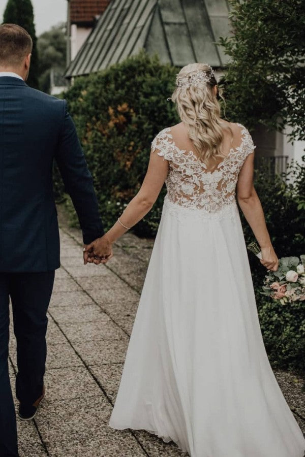 Bmbride Elegant A-line Chiffon Wedding Dress with Sleeveless Design and Appliques Lace
