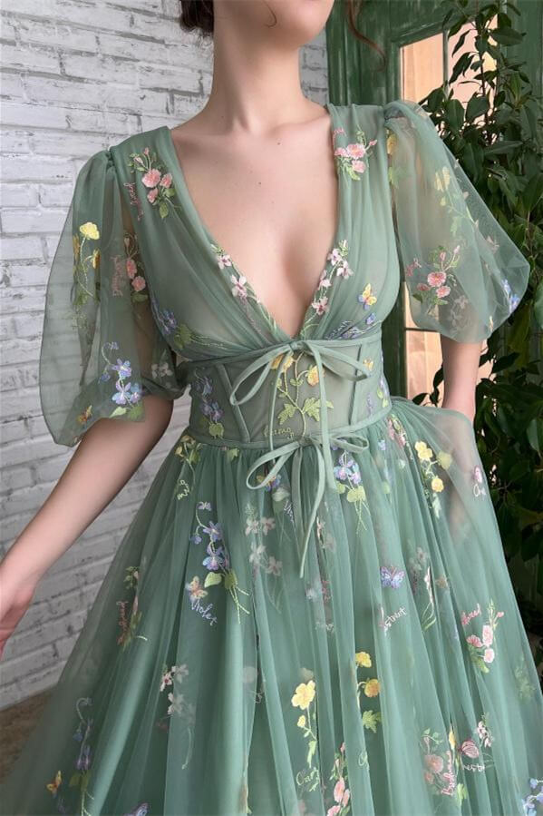 Deep V-Neck Half Sleeves Evening Dress with Embroidery Flowers and Tulle