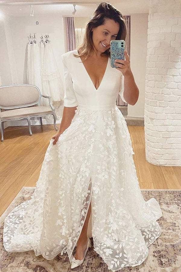 Bmbride V-neck Lace A-line Side Split 3/4 Sleeve Wedding Dress