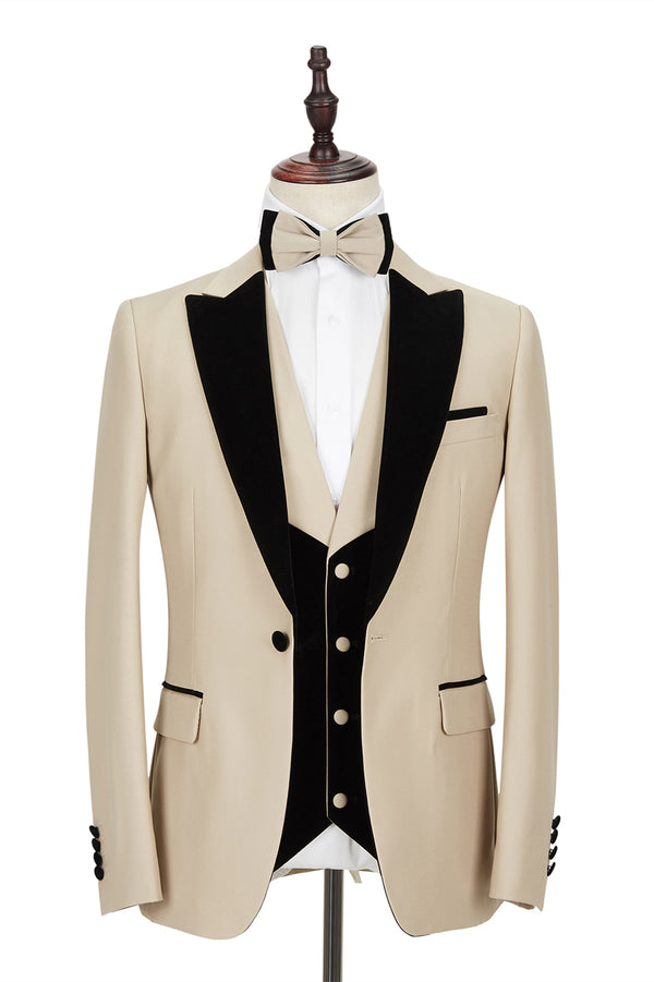 Koscy Black Peak Lapel Champagne Wedding Suit with Velvet Edging