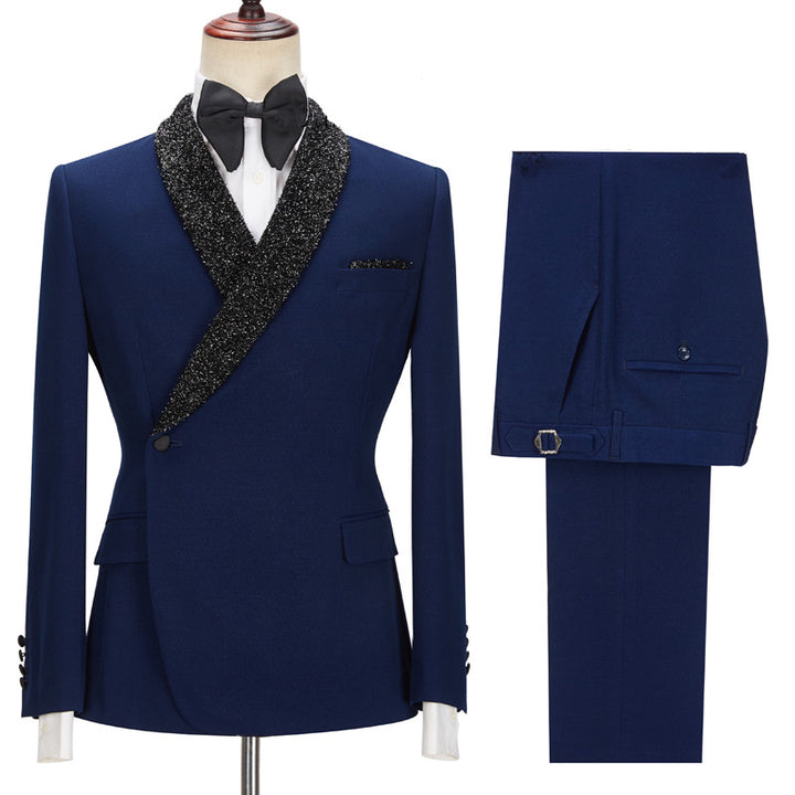 Koscy Shining Dark Navy Business Formal Suit for Prom with Black Lapel