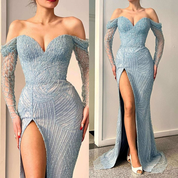 Elegant Off-The-Shoulder Mermaid Evening Dress with Long Sleeves and Sweetheart Beadings
