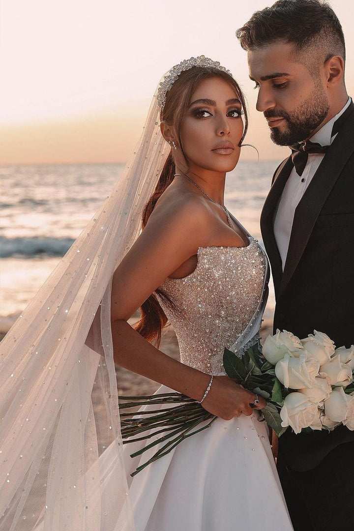 Bmbride One Shoulder Long Sleeve Sequins A-line Wedding Dress