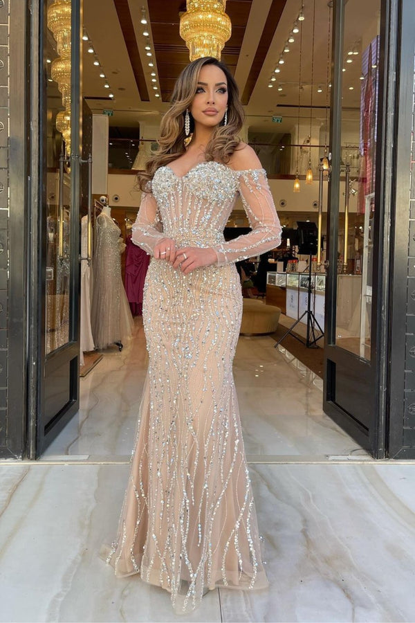 Prom Dress Elegant Sweetheart Neckline with Long Sleeves and Strapless Beadings Long Tulle