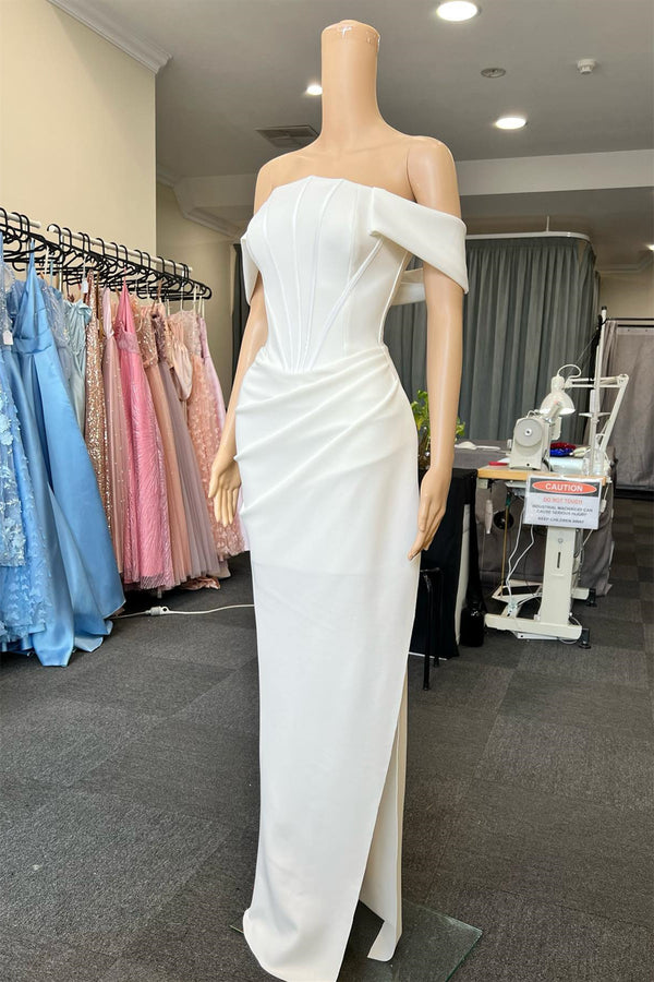 Off-The-Shoulder White Mermaid Slit Prom Dress With Pleated