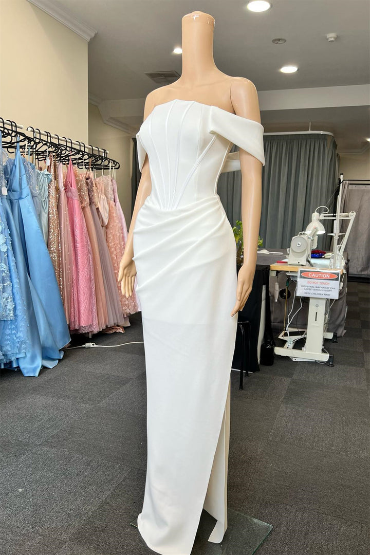 Off-The-Shoulder White Mermaid Slit Prom Dress With Pleated
