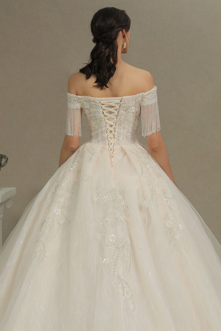 Bmbride CPH224 Off-the-shoulder Tassel Ball Gown Wedding Dress with Appliques and Beads