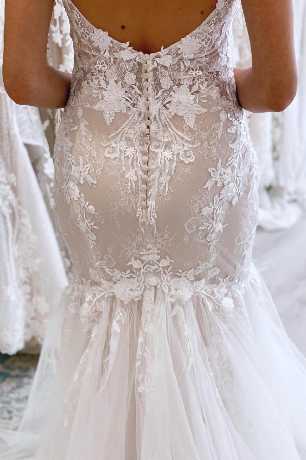 Bmbride Long Mermaid Spaghetti Straps V-neck Tulle Lace Backless Wedding Dress - Beautiful