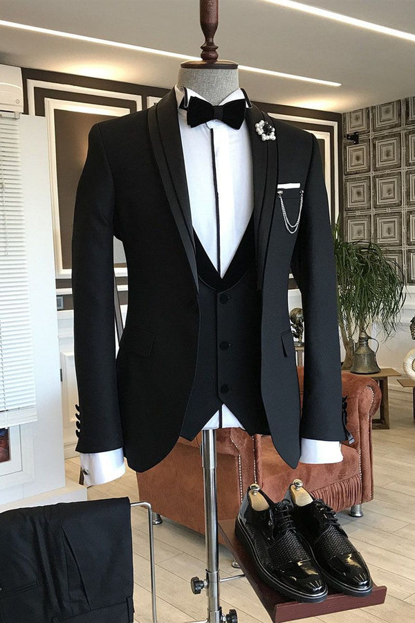 Koscy Earl Black Shawl Lapel 3-Piece Wedding Suit for Stylish Bridegrooms