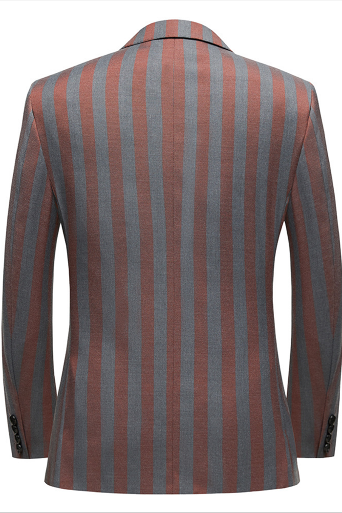 Koscy Casual Red and Gray Striped Summer Wedding Suit with Double-Breasted Style