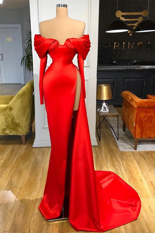 Off-The-Shoulder Long Sleeves Red Prom Dress with Split Mermaid