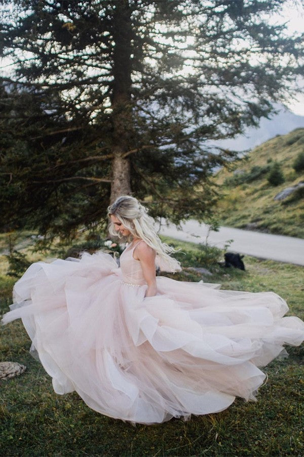 Bmbride Gorgeous Long Ball Gown V-neck Tulle Backless Bridal Gowns