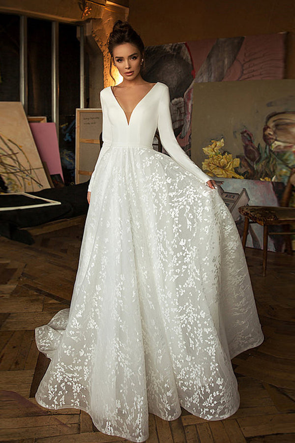 Bmbride Boho Bridal Gown Long Sleeve V-neck Satin Backless Lace Wedding Dress