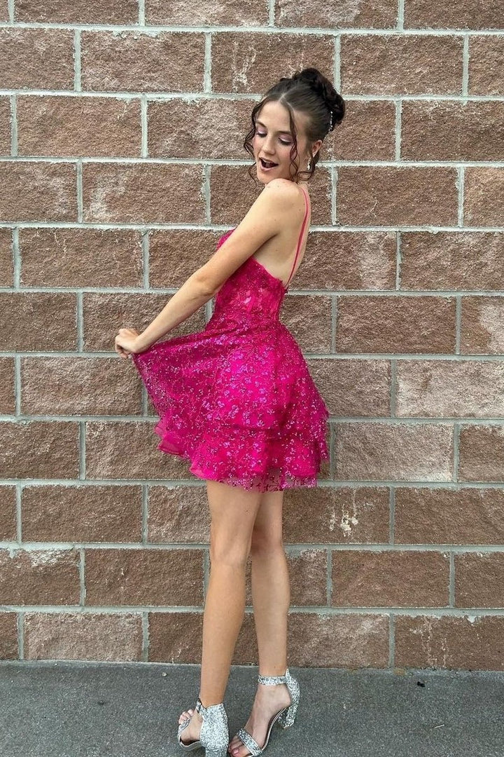Koscy Hot Pink A-Line Sequin Lace Short Homecoming Dresses