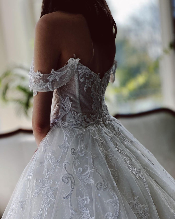 Bmbride Long A-line Off-the-shoulder Tulle Wedding Dress with Glitter