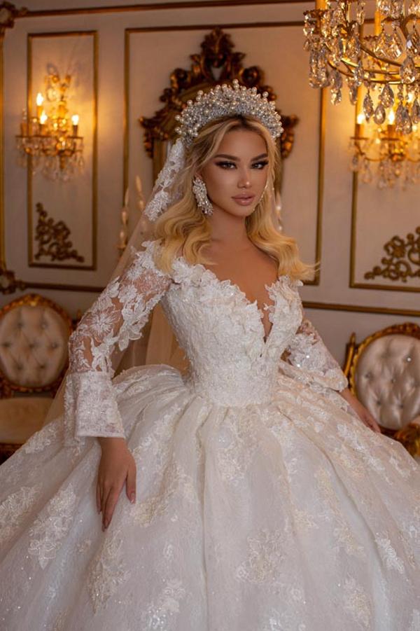 Bmbride Elegant V-Neck Long Sleeves Sweetheart Floor Length Ball Gown Wedding Dress with Appliques