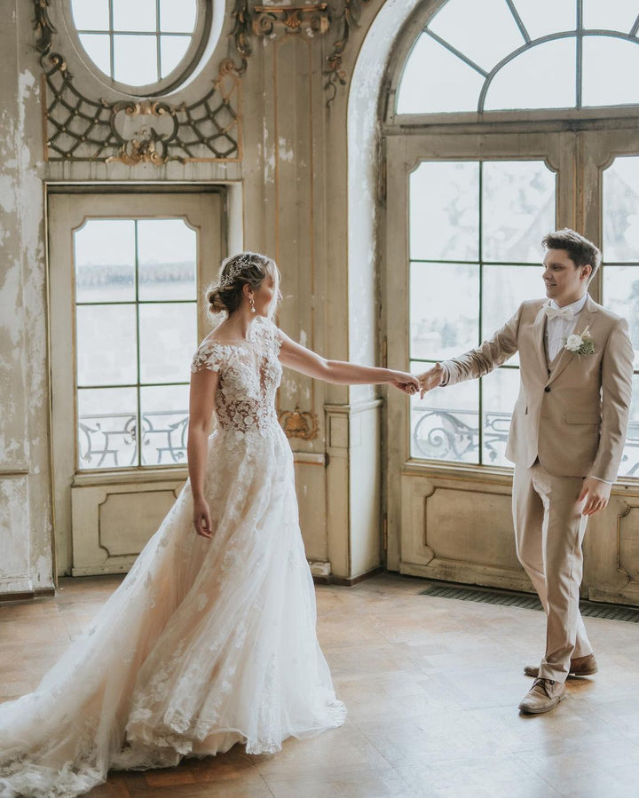 Bmbride Long A-line Boho Wedding Dress with Tulle and Lace Appliques