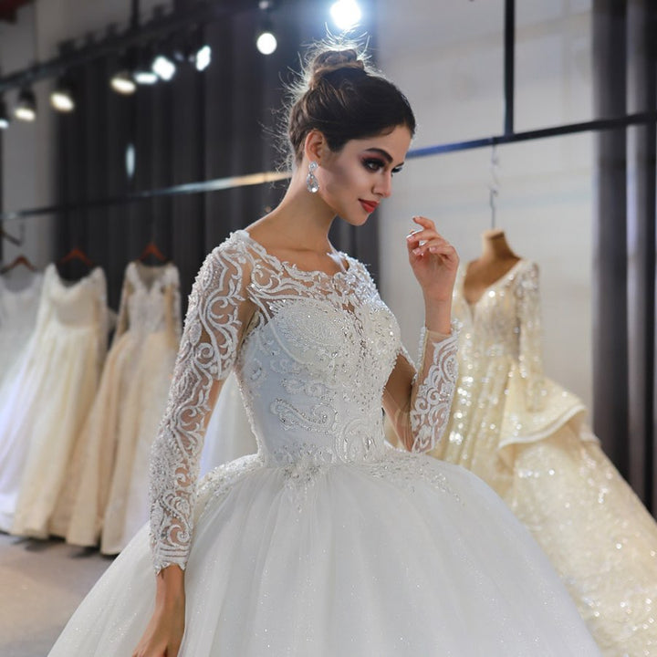 Bmbride A-Line Bateau Long Sleeve Appliques Lace Sequins Floor-length Wedding Dress