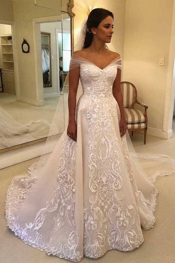 Bmbride Long A-line Off the Shoulder Floral Lace Appliques Wedding Dress
