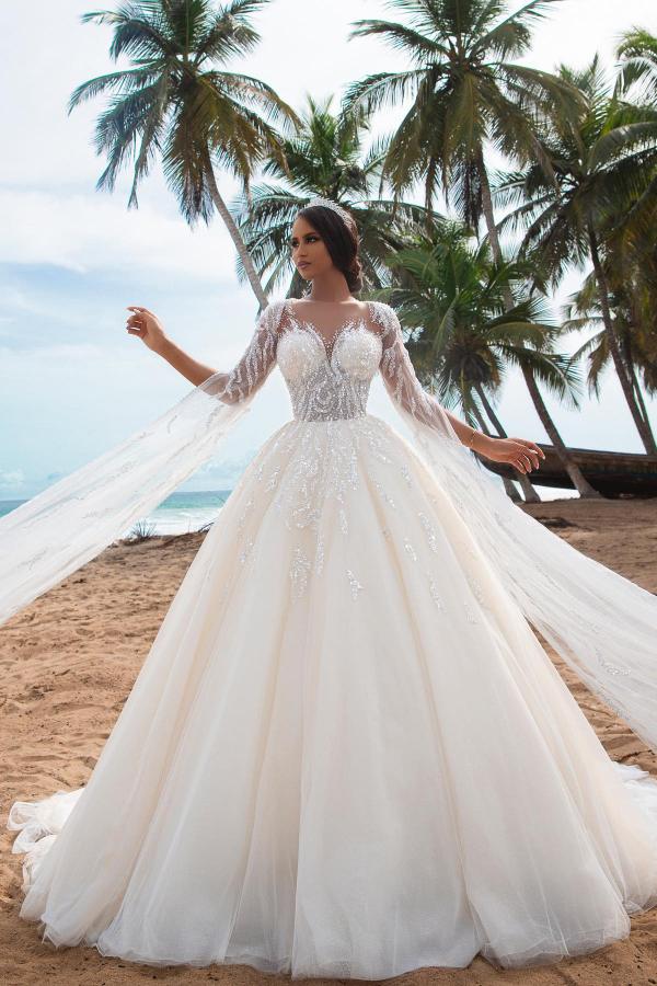 Bmbride Long A-line Sweetheart Tulle Floral Lace Wedding Dress with Sleeves