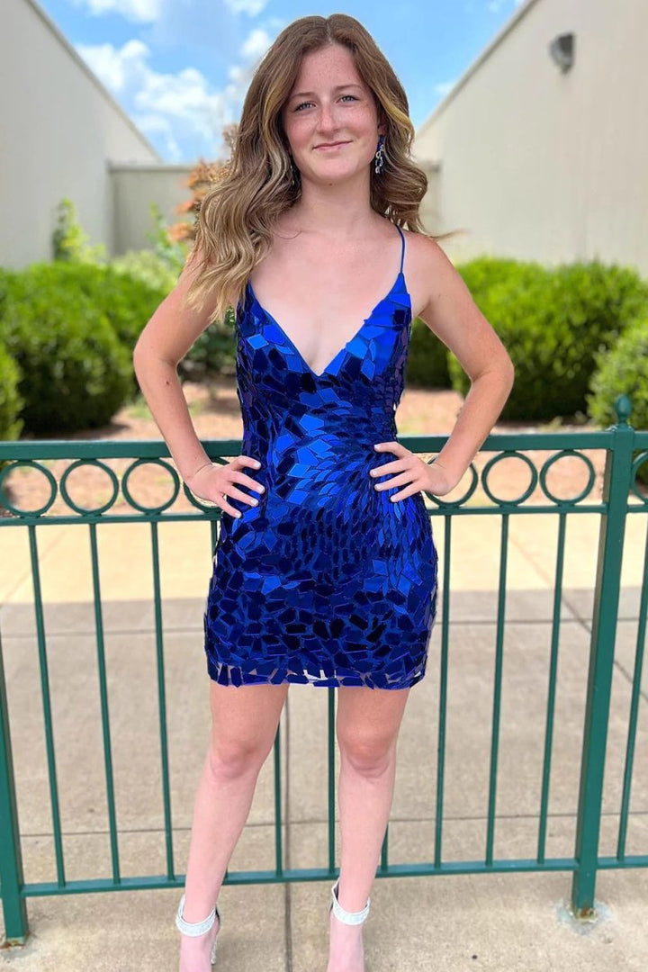 Koscy Sparkly Royal Blue Sequined Tight Short Homecoming Dress