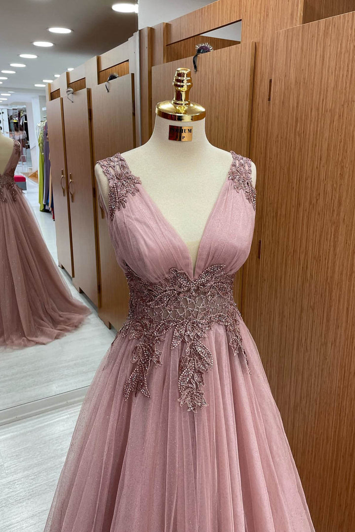 V-Neck Sleeveless Prom Dress Dusty Pink Tulle Long With Appliques
