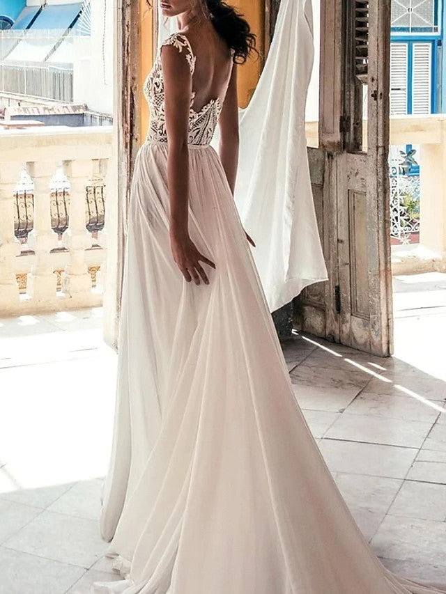 Bmbride A-Line Wedding Dresses with Plunging Neckline and Sweep Train in Chiffon Lace with Cap Sleeves