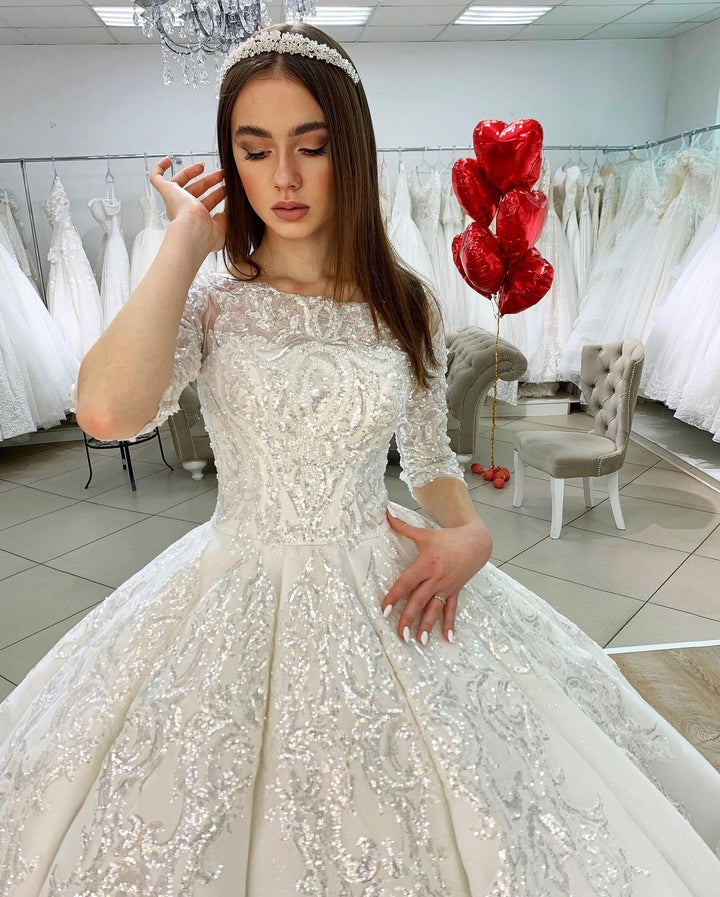 Bmbride Princess Wedding Dress: Elegant Bateau Neckline Long Sleeves Lace Appliques Floor-length Satin