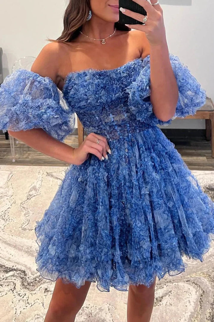 Koscy Blue Puff Sleeves Ruffles A-line Prints Homecoming Dress