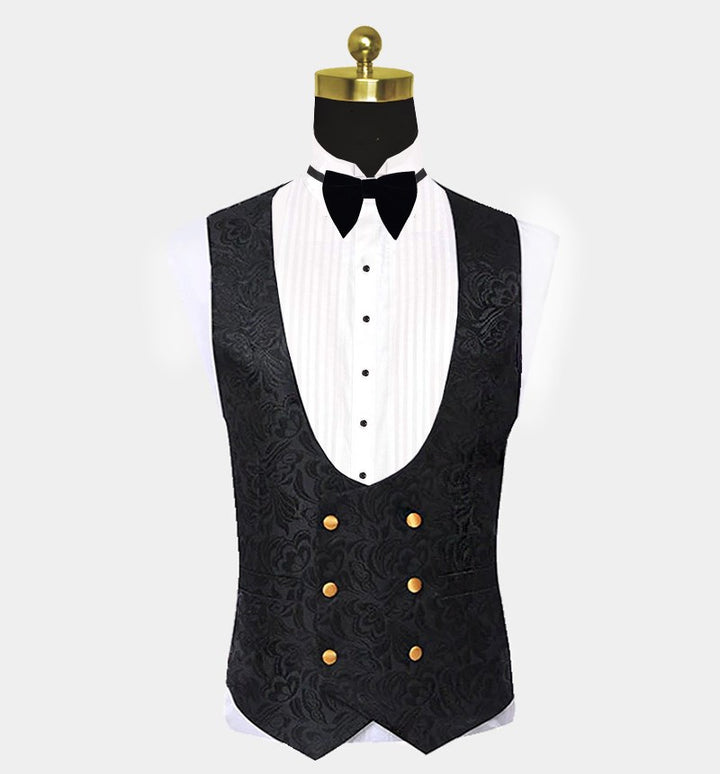 Koscy Gold Three Piece Shawl Lapel Black Jacquard Suit for Men's Wedding