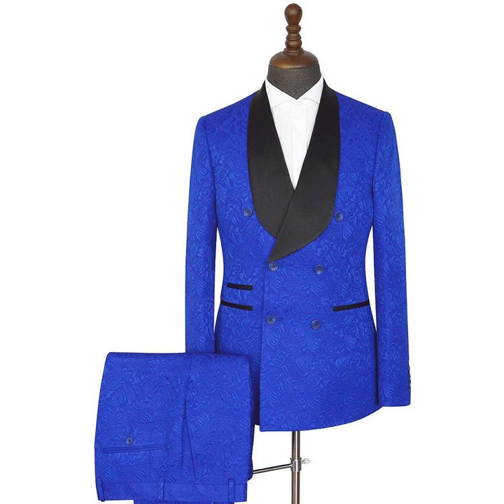 Koscy Royal Blue Easy Fit Double-Breasted Jacquard Wedding Suit with Shawl Lapel