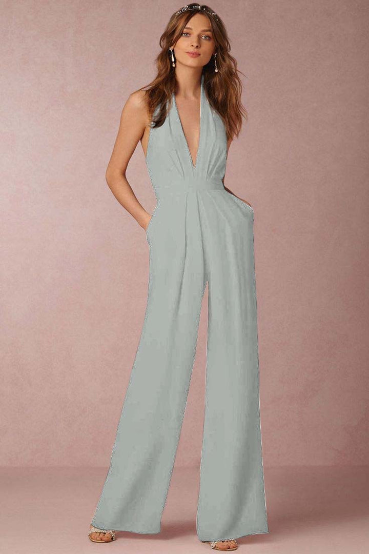 Koscy Casual Black Deep V-Neck Halter Long Daily Jump Suit
