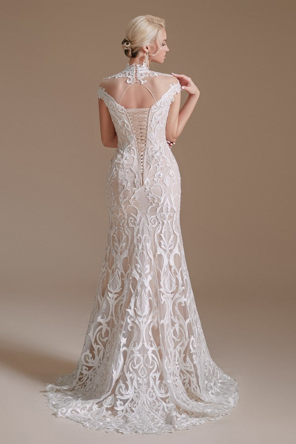 Bmbride Long Sleeve Vintage Lace High-neck Mermaid Wedding Dress