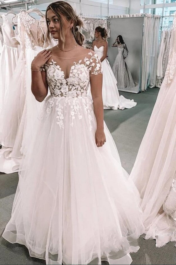 Bmbride A-Line Bateau Short Sleeve Appliques Lace Floor-length Tulle Wedding Dress