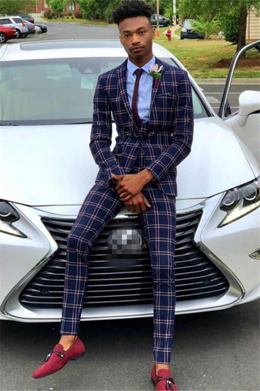 Koscy Classic Dark Navy Wedding Suit with Plaid for Men
