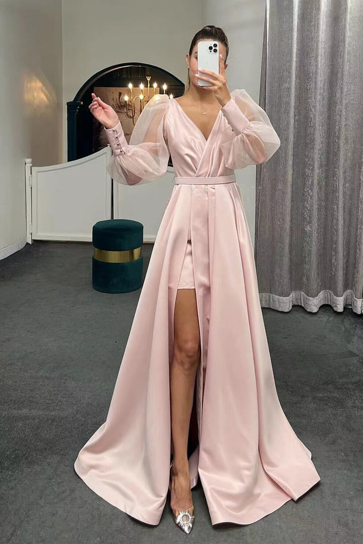 Puff Sleeves A-Line Slit Evening Dress