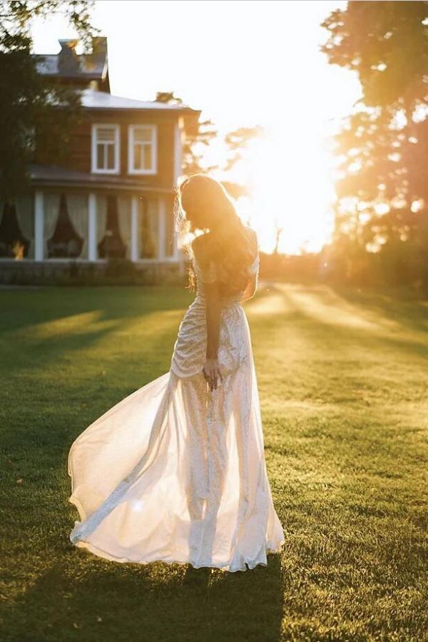 Bmbride Long Mermaid Off the Shoulder Sequined Wedding Dress with Slit