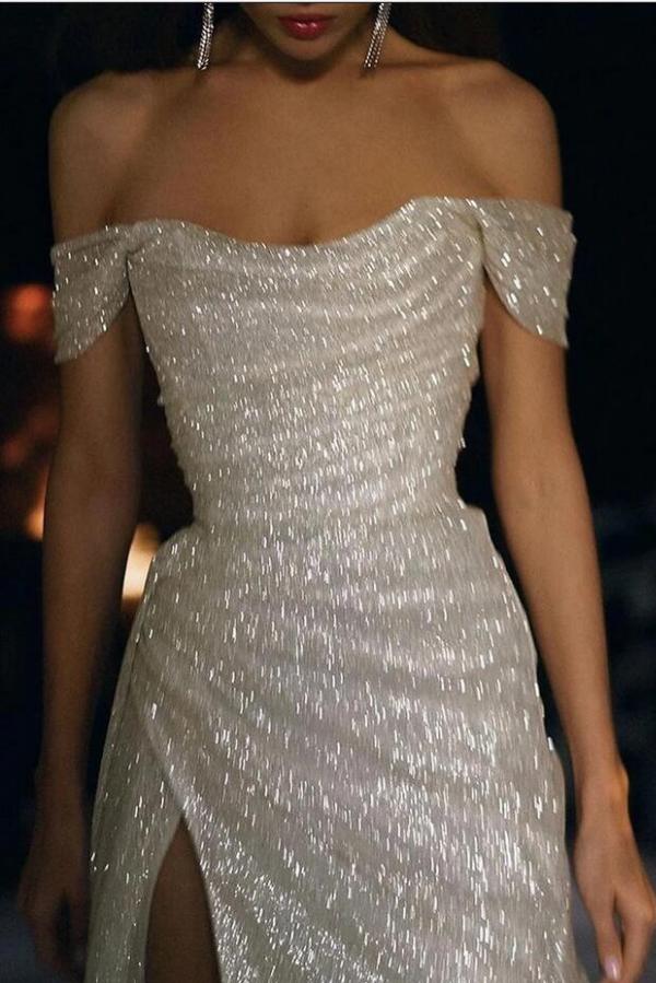 Bmbride Long Mermaid Off the Shoulder Sequined Wedding Dress with Slit