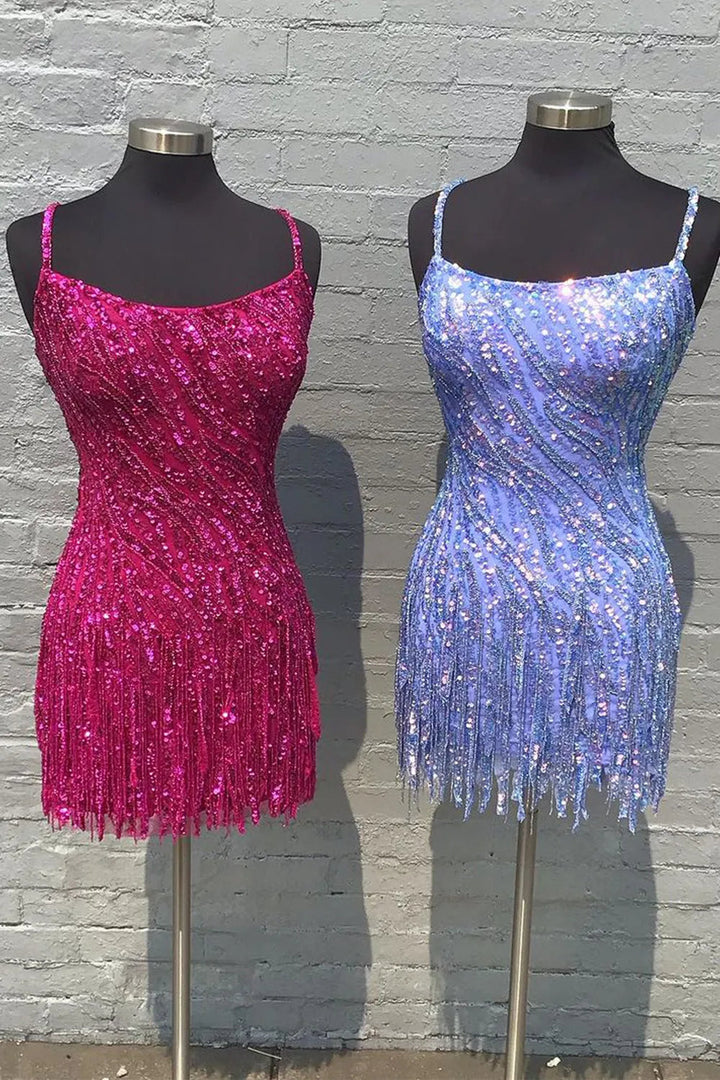 Koscy Sparkly Sheath Spaghetti Straps Gold Short Homecoming Dress with Tassel