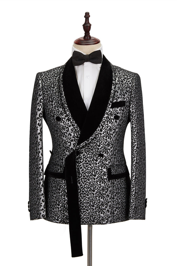 Koscy New Silver Leopard Double-Breasted Prom Suit with Jacquard Shawl Lapel for Men