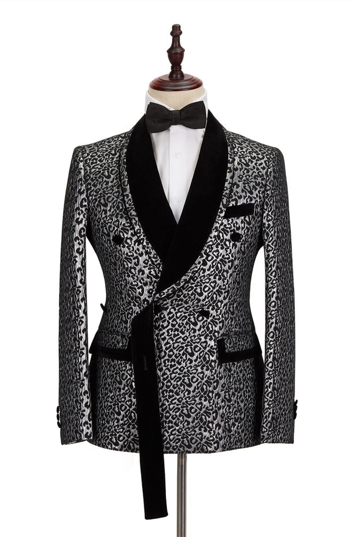 Koscy New Silver Leopard Double-Breasted Prom Suit with Jacquard Shawl Lapel for Men