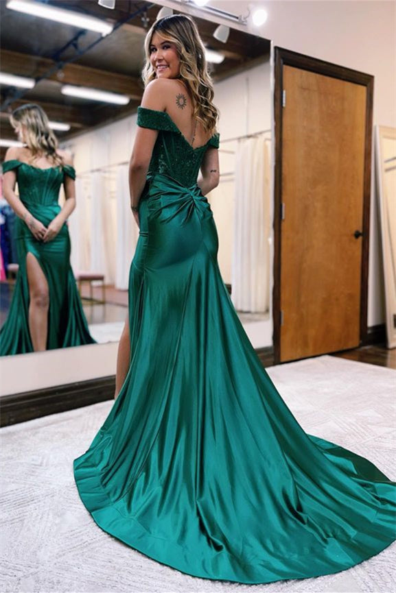 Sequins Off The Shoulder Evening Dress With Pleated Slit