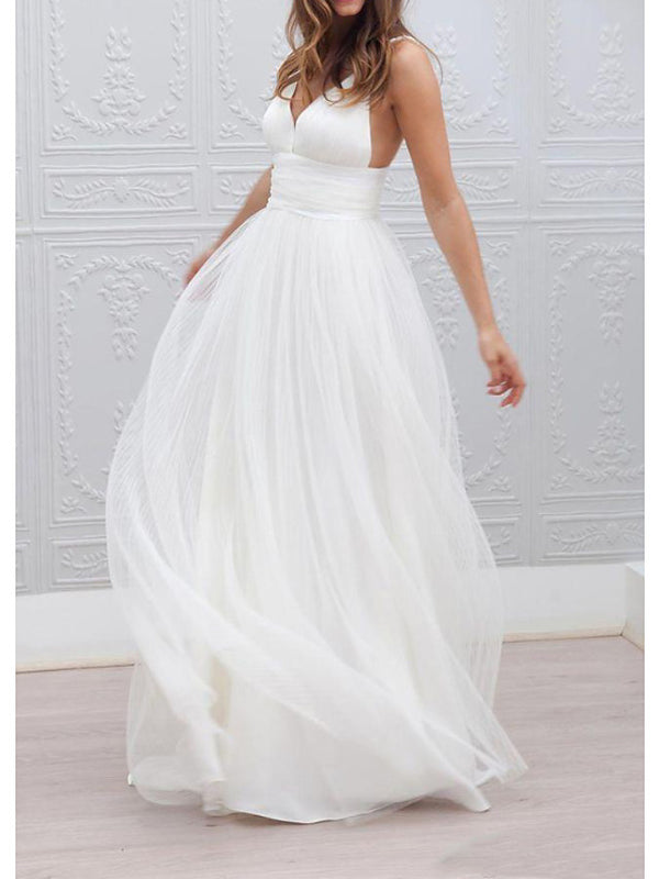 Bmbride Spaghetti Strap A-Line Wedding Dress Plunging Neck Floor Length Taffeta Tulle Chiffon Over Satin