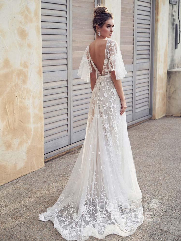 Bmbride Affordable V-Neck Half Sleeve Lace Boho Wedding Dresses