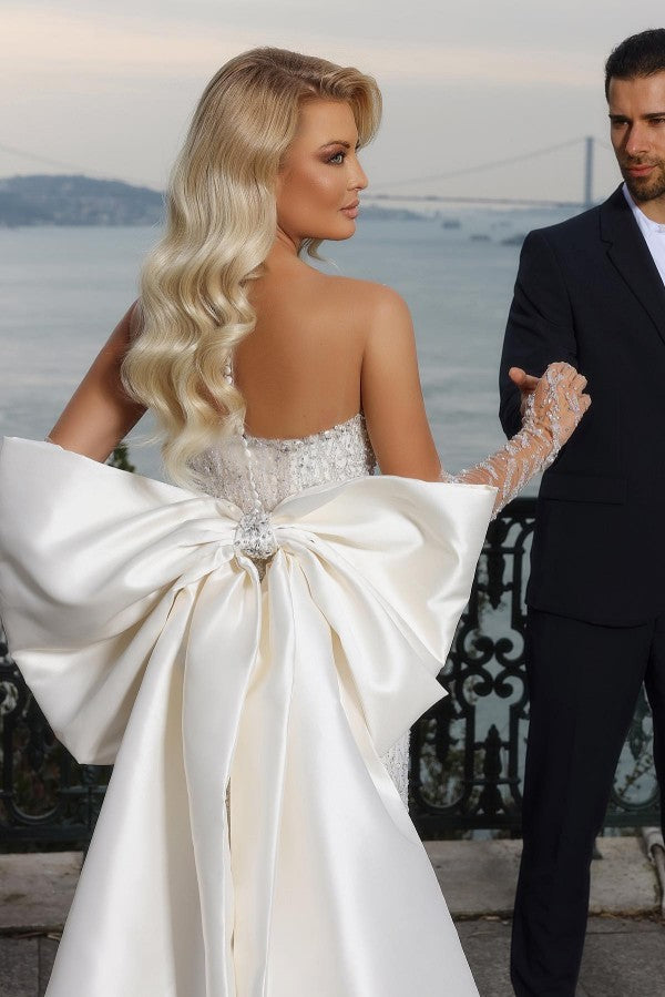 Bmbride Glitter Long Mermaid Sweetheart Satin Lace Wedding Dresses